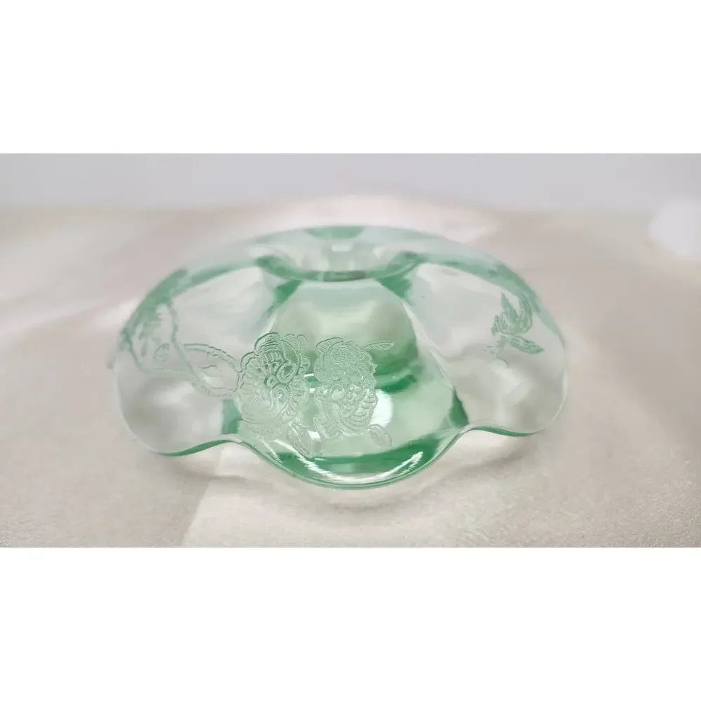 Vintage Paden City Peacock Wild Rose Green Glass Mushroom Candlestick READ